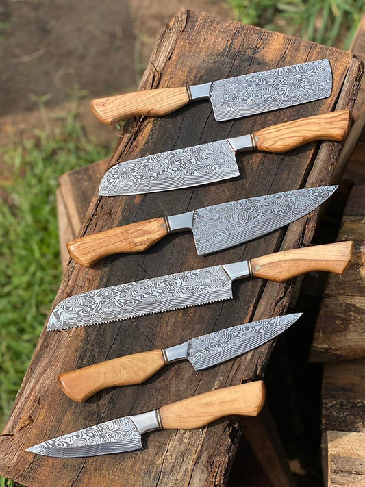Razor-Sharp 6-Piece Damascus Steel Kitchen Knife Set - Olive Wood Handles - Ergonomic Design - Balanced & Durable
