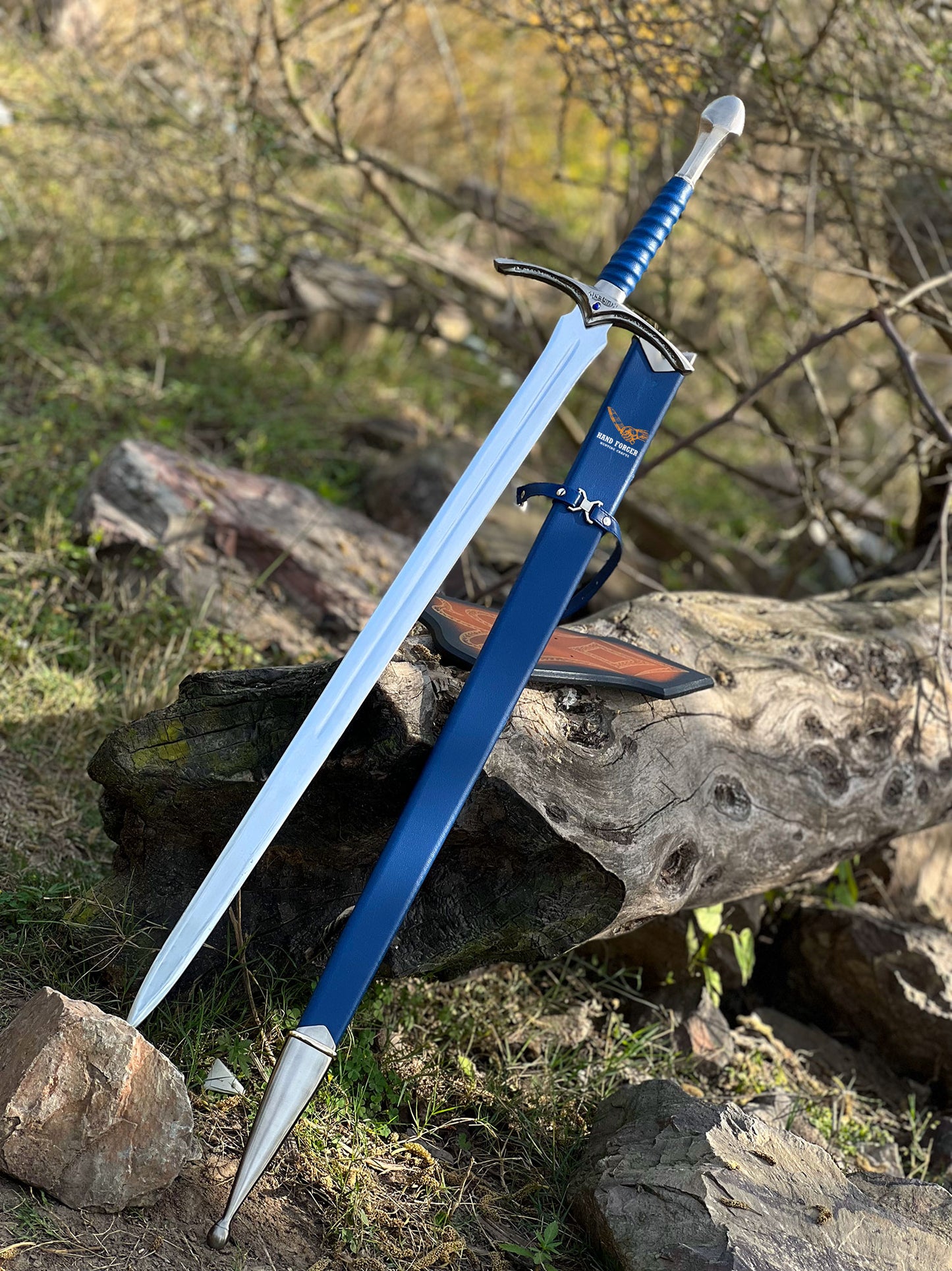 Detailed replica of Blue Gandalf's sword from The Hobbit, perfect for display. Hand-forged with a 42-inch blade