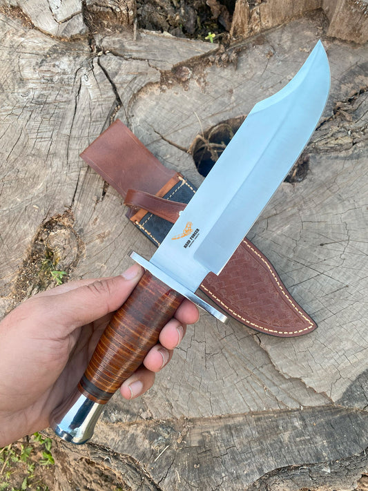 13" Handcrafted Carbon Steel Bowie Knife with Sheath - Razor Sharp Edge, Steel & Leather Handle